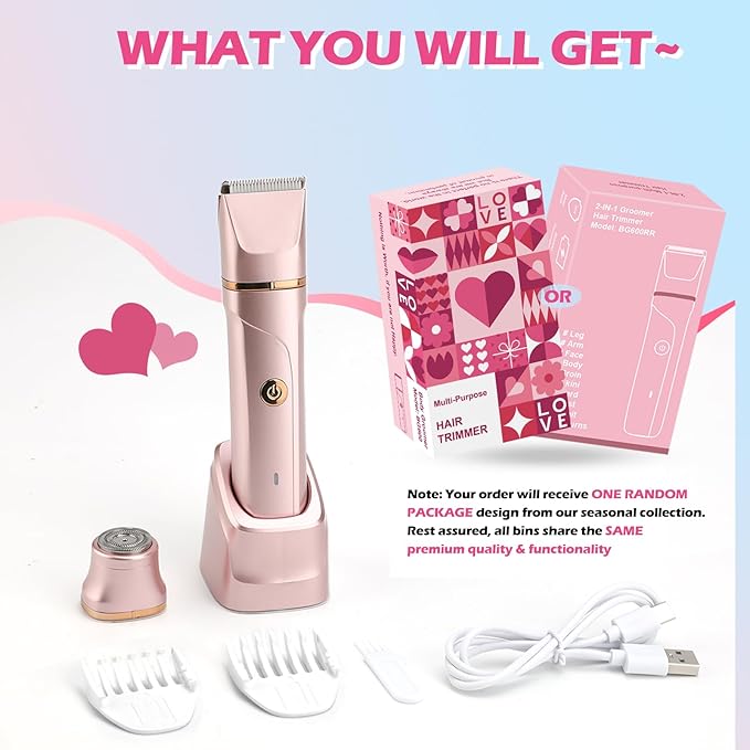 Bikini Trimmer for Women 2-in-1 Electric Razors for Women with Body & Facial Heads, Rechargeable Bikini Shaver for Smooth Pubic & Body Grooming, Waterproof, Portable & Travel-Friendly Gift