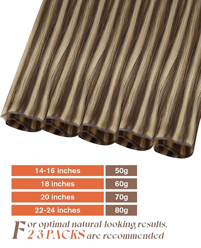 Sunny Hair Genius Weft Hair Extensions Human Hair Brown Genius Weft Sew in Hair Extensions Real Human Hair Dark Brown Highlights Caramel Blonde Genius Hair Wefts Human Hair Sew in Extensions 18inch