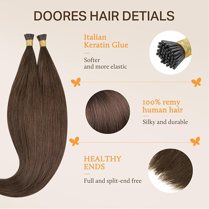 DOORES I Tip Hair Extensions Human Hair,14 Inch 100g 200s Itip Human Hair Extensions,Chocolate Brown I Tip Hair Extensions,Virgin Human Hair Extensions