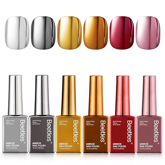 Beetles Mirror Nail Polish Set – Metallic Muse 6 Colors Quick-Drying & High Gloss Nail Lacquer, Long-Lasting Air Dry Home DIY Perfect Nail Art Christmas Gift for Women