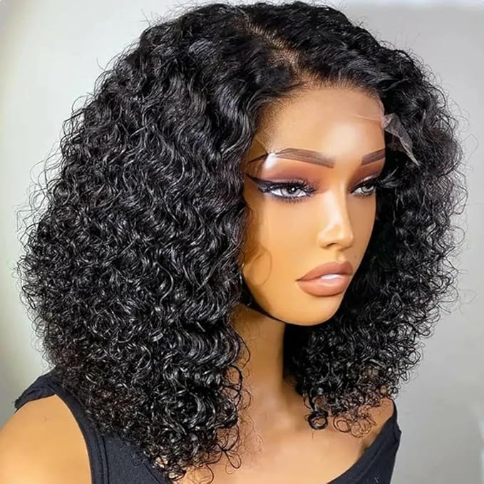 5x5 HD Curly Lace Closure Wigs Human Hair 12 Inch Glueless Kinky Deep Curly Bob Wig ReadytoGo Pre Plucked for Black Women HD Transparent 5x5 Invisible Bob Lace Closure Wigs Wear and Go