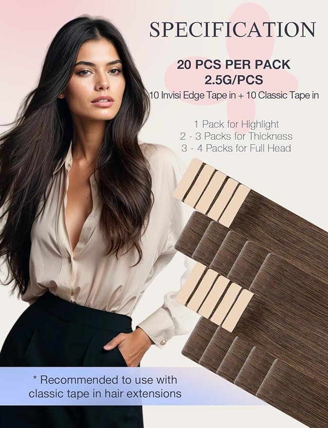 DOORES Invisi Edge Tape in Hair Extensions, Chocolate Brown 10 Injection Tape-ins with 10 Classic Tape-ins 50g 16 Inch, Virgin Human Hair Injection Tape in Extensions Straight