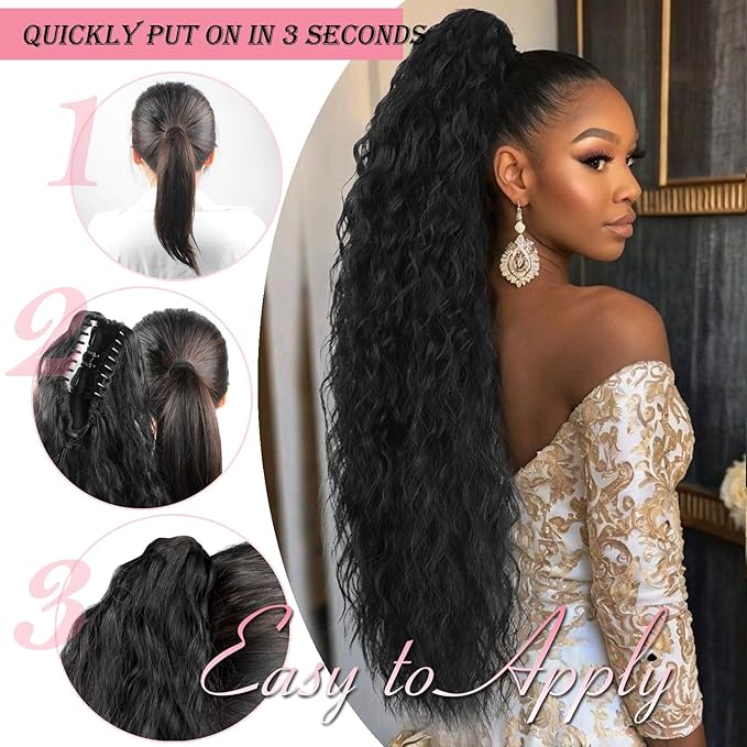 ENBEAUTIFUL 30" Claw Clip Ponytail Extension Long Wavy Ponytail Extension Synthetic Pony Tails Hair Extensions Clip in Synthetic Hair pieces Fluffy Natural Looking for Women Black