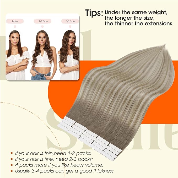 Full Shine 12 Inch Tape in Hair Extensions Human Hair Color 19 Grey Fading to 8 Ash Brown And 60 Blonde Hair Extensions Tape in 30 Gram Tape in Extensions Seamless Skin Weft for Women 20 Pieces