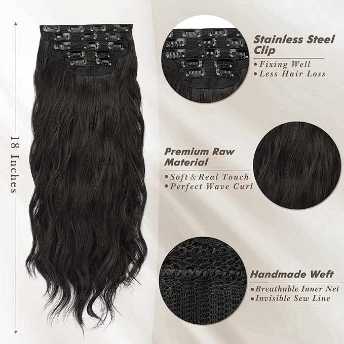 BARSDAR 18 Inch Wavy Clip in Hair Extensions – 5PCS Thick Soft Synthetic Hairpieces – Black Brown Full Head Clip in Hair Extensions for Women – Long Voluminous Easy Wear for Daily Party Halloween