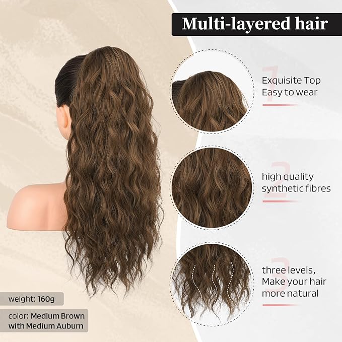 FLUFYMOOZ Ponytail Extension, 22 Inch Drawstring Ponytail Hair Extensions for Women， Long Curly Wavy Ponytail Natural Wavy Synthetic Hairpiece for Women (22 Inch Brown with Auburn)