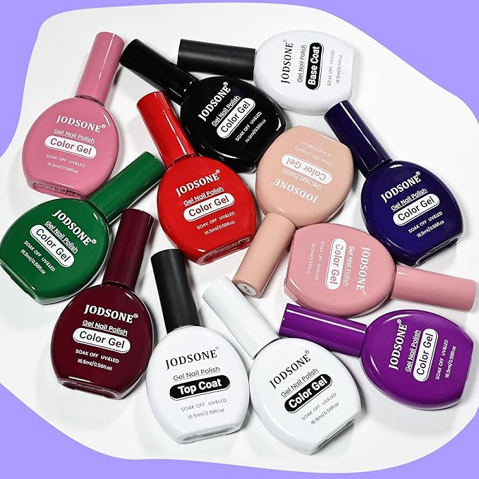 JODSONE 12 PCS 16.5 ml Gel Nail Polish Same Color Same Bottle with Base Coat and Top Coat, 10 Colors for At-Home Salon Nail Art, Holiday Gifts