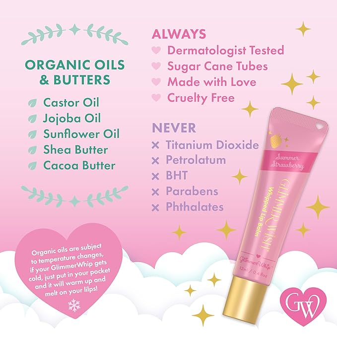 Glimmer Wish Glimmer Whip Hydrating Lip Balm – Moisturizing Lip Care with Organic Oils & Butters – Vegan Lip Moisturizer (Summer Strawberry)