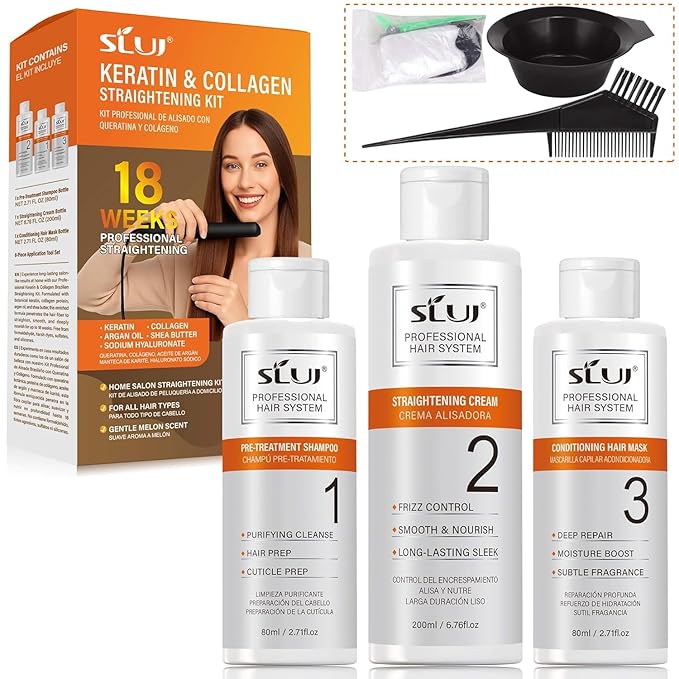 SLUJ Keratin Hair Treatment, Brazilian Straightening Kit with Keratin, Collagen & Hyaluronic Acid,18 Week Home Salon Professional Straightening - Keratina para Alisar el Pelo, Gentle Scent, 2 x Use