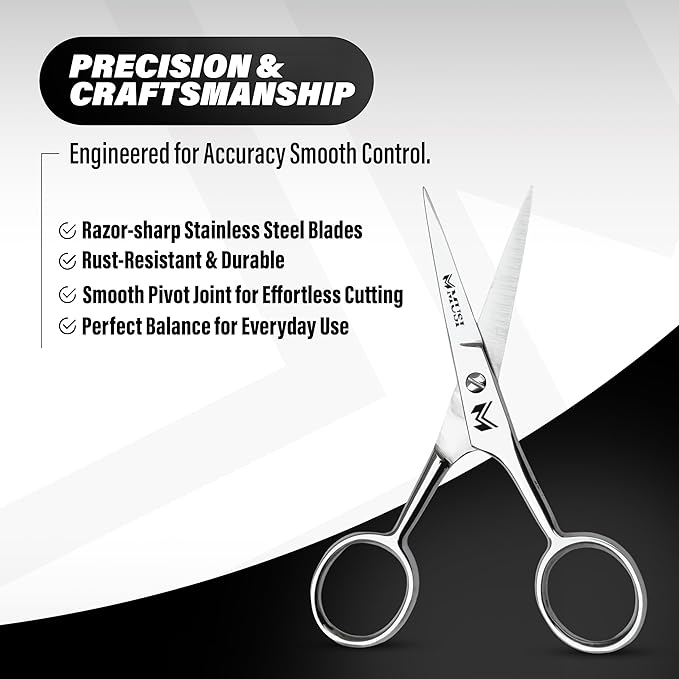 MUSI 4 Inch Eyebrow Scissors - Muti-purpose Small Scissors for Mustache, Beard, Nose Hair, Nail, Ear & Eyelash Trimming - Professional Stainless Steel Mini Grooming Scissors for Men Women with Comb