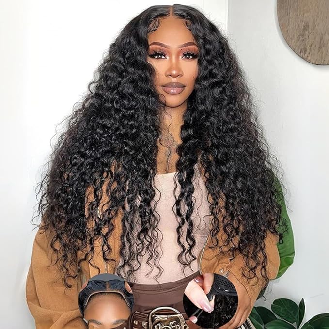 Wear and Go Glueless Wigs Human Hair Pre Plucked Pre Cut 7x5 HD Lace 200 Density Deep Wave Lace Front Wigs Human Hair with Drawstring Natural Hairline 26 Inch No Glue Curly Lace Front Wig for Women