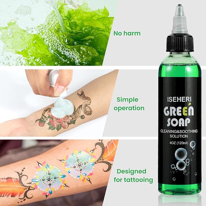 Ultra Concentrated Green Soap Tattoo 4OZ with Foaming Bottle 120ml, Green Soap Tattoo Supplies for Tattoos Piercings, Clean Skin Equipment