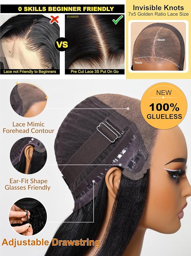 Sunber Yaki Straight Human Hair Bye Bye Knots Pre Cut 7x5 Lace Front Wigs with Drawstring Upgrade 3D Cap Put On and Go 3S Wear Glueless Yaki Wigs Pre Plucked Pre Bleached Invisible Knots 18Inch