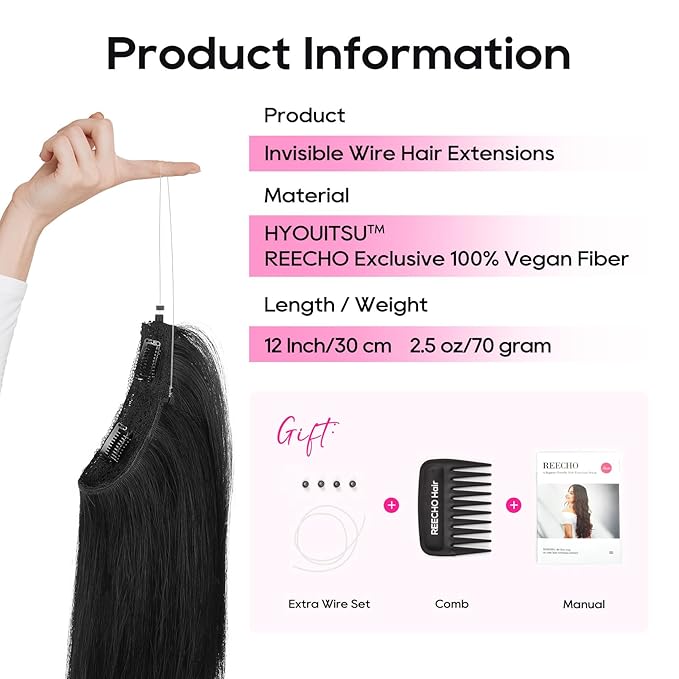 REECHO 12" Invisible Wire Hair Extensions with Thinner Softer Lace Weft Adjustable Size Removable Secure Clips in Short Straight Secret Hairpiece for Women - Black