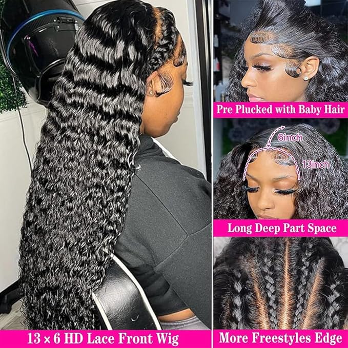 Hswpawk 13x6 Deep Wave Lace Front Wig Human Hair HD Transparent Pre Plucked 180% Density Glueless With Baby Hair Natural Hairline Deep Curly 32 Inch