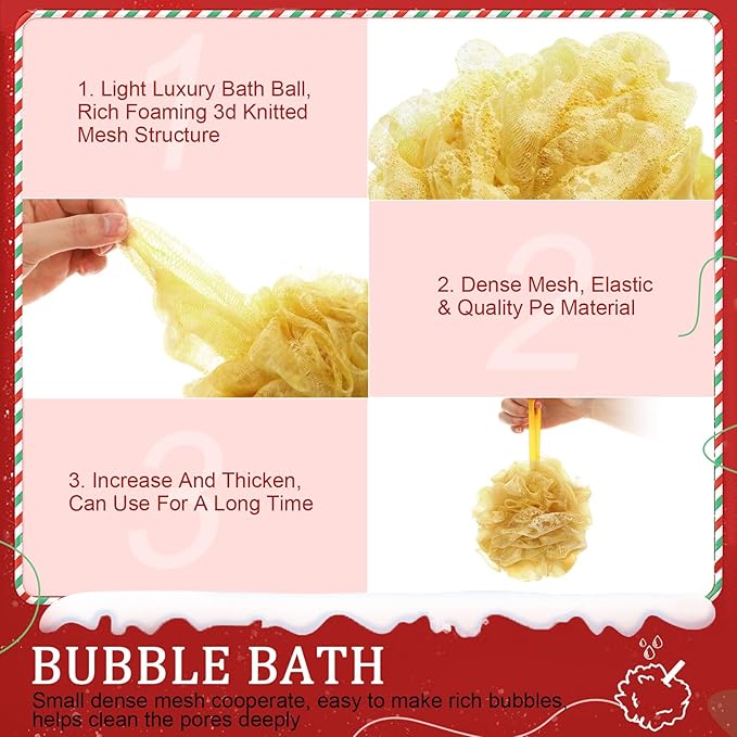 12 Pcs Christmas Bath Loofah Sponge Red Green Loofah Exfoliating Body Scrubber Shower Sponge 50g Mesh Shower Pouf Balls Gift Set for Women Men Bathing Accessories(Red,Green,Gold)