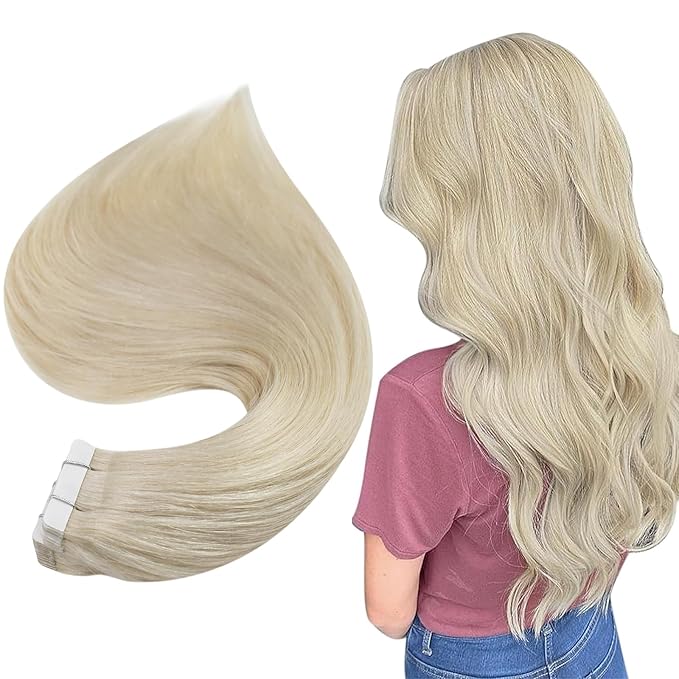 Full Shine Invisible Hair Extensions Tape in Platinum Blonde 60 Blonde Hair Extensions Real Human Hair 14Inch Straight Hair Extensions for Short Hair 20pcs 50Grams Add Volume