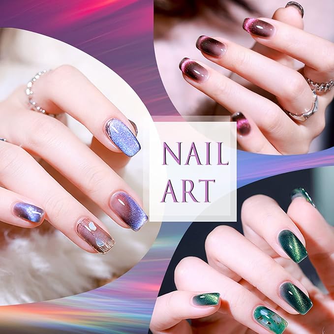 Laza 8 Colors Cat Eye Chrome Nail Powder Chameleon Magnetic Powder 3D Cat Eye Mirror Effect Pigment Dust Magic Galaxy Effect Glitter with Magnetic Stick for Velvet Nail Art - Discolor Candy