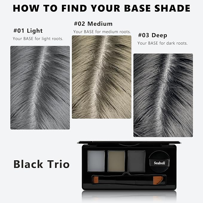 Root Touch Up Hair Color Powder, 3-Color Hairline Kit for Women & Men|Sweat Resistant&Nourishing, Instant Grey Coverage&Scalp Concealer, Natural Bald Spot Cover Up for Thinning Hair–Black
