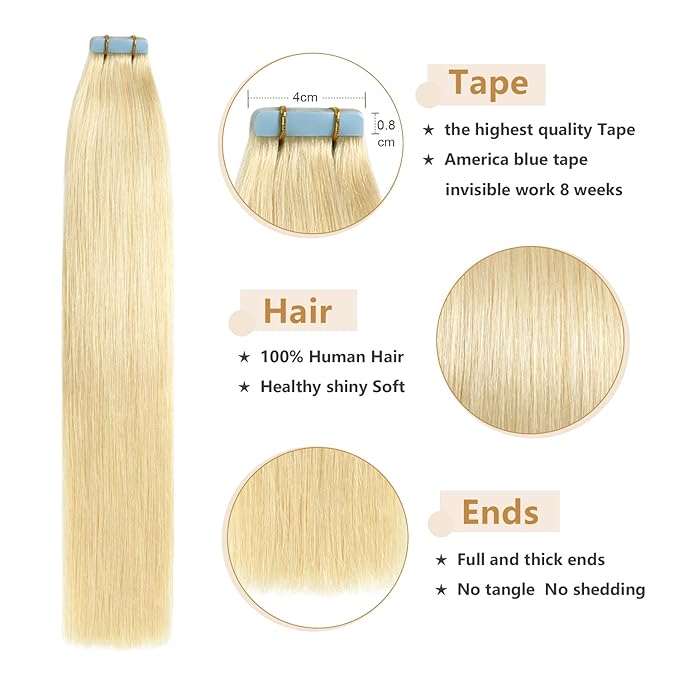 YILITE Tape in Hair Extensions Human Hair 18 inch #613 20pcs 50g Tape in Hair Extensions Silky Seamless Straight Tape in Human Hair Extensions 613 Bleach Blonde Remy Hair Tape ins(18inch #613)