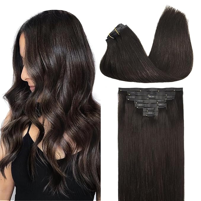 GOO GOO Clip in Hair Extensions Real Human Hair, Remy Human Hair Extensions Clip ins for Women, Natural Human Hair, 22 Inch 140g 7Pcs, 2 Dark Brown