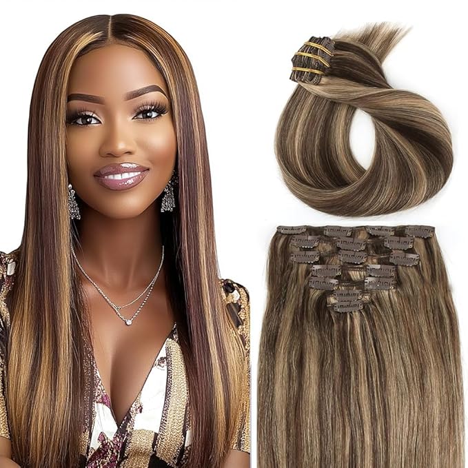 14 Inch P4/27 Blonde Clip in Hair Extensions - Real Remy Human Hair, 120g 7pcs, Highlight Blonde Human Hair Extensions Clip ins for Women