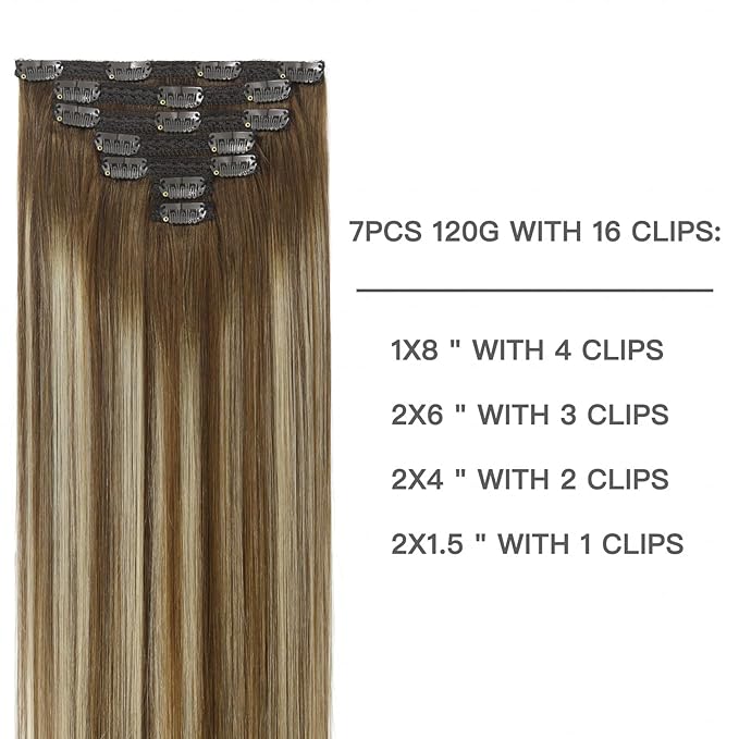 Clip in Hair Extensions Chestnut Brown Balayage to Platinum Blonde Mix Brown Real Human Hair Medium Brown Ombre Hair Extensions Remy Human Hair Clip in Extensions 20Inch 7Pcs 120g