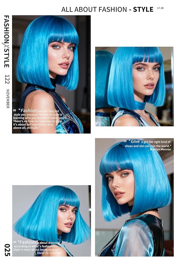 MAYSA Blue Bob Wig With Bangs Short Straight Bob Wigs 12Inch Synthetic Colorful Cosplay Daily Party Neon Wigs for White Women # Light Blue