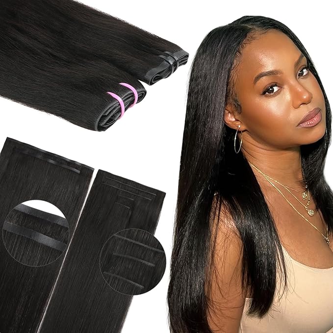 Lashey Invisi Edge & Seamless Clip in Hair Extensions Human Hair, 16 Inch 110g 7pcs(5pcs Invisi Edge& 2pcs Seamless) Real Virgin Human Hair Extensions, Natural Black Yaki Straight Hair