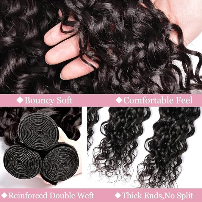 SHWAlR Water Wave Bundles 10A Water Wave Human HairBundles Wet and Wavy Hair 3 Bundles WaterCurly Hair BundlesDouble Strong Weft Hair Extensions Natural Black Color for BlackWomen(18 18 18 inch)