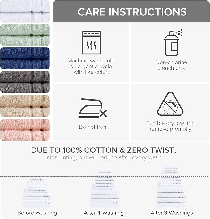 Comfort Spaces Towel Set for Bathroom 12 Piece Luxury Bath Towel Set 4 Hand Towel for Bathroom 4 Washcloth 4 Large Bath White Towel Sets 100% Cotton Quick Dry Towel Zero Twist Soft Lightweight Hotel