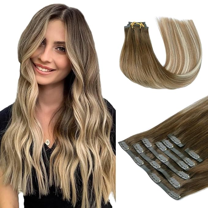 HOTBANANA Seamless Clip in Hair Extensions, 24 Inch 140g 7pcs Walnut Brown to Ash Brown and Bleach Blonde Invisible PU Skin Weft Straight Remy Human Hair Extensions