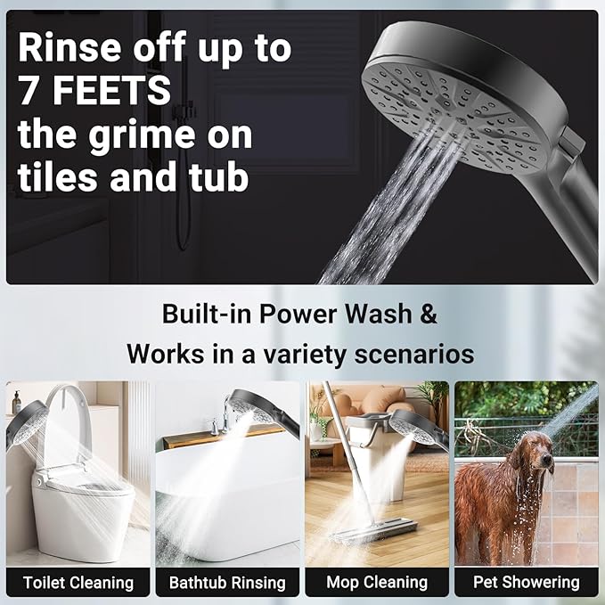 6-Mode Shower Head with Handheld, High Pressure Handheld Shower Heads, Detachable Showerhead 71" Extra Long Stainless Steel Hose Adjustable Brass Joint Holder for Bathroom Upgrade Matte Black