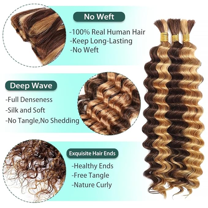 Human Braiding Hair 3 Bundles 150g 20 inch P4/27 Blonde Deep Wave Bundles Bulk Human Hair for Braiding Highlight Brown Color
