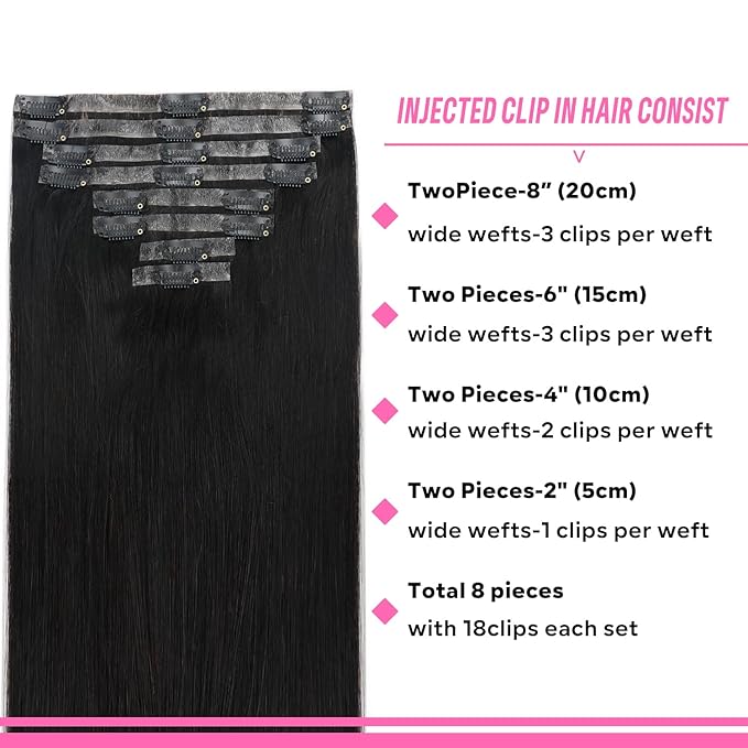 Injected Clip in Hair Extensions Real Human Hair Invisible Hand-Tied Weft Hair Extensions Clip in Human Hair Straight Seamless Clip ins for Women 8Pcs 120g 22inch #1B Natural Black