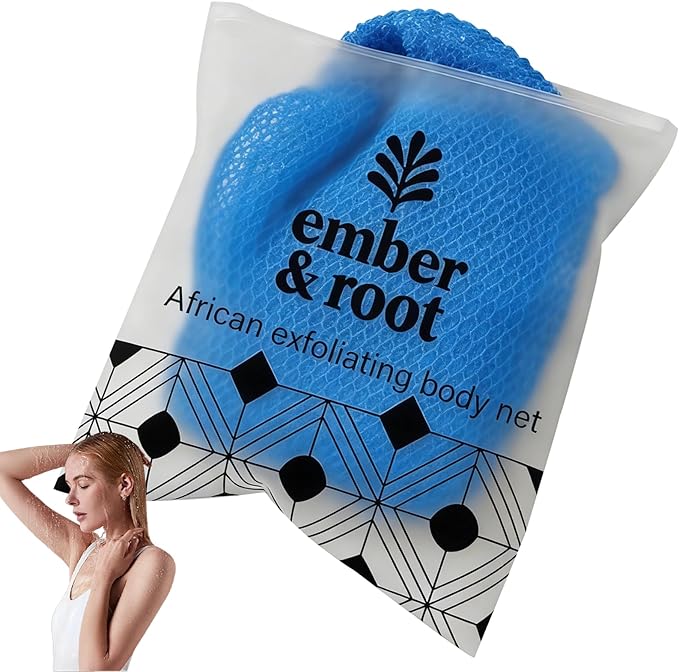 African Exfoliating Body Net Sponge, Ember and Root African Net Sponge, Exfoliating Towel, Gentle Exfoliation, Exfoliating Washcloth Face & Body Scrub Towel for All Skin Types (Blue)