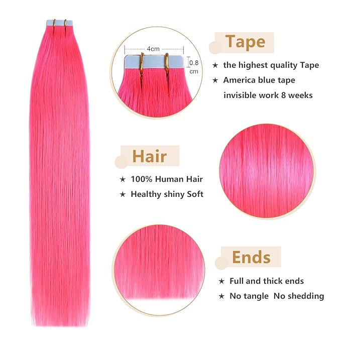 YILITE 20inches Pink Tape in Human Hair Extensions, Seamless, Silky Straight