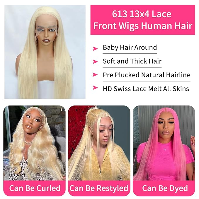 LICHANG 28 Inch 613 Lace Front Wig Human Hair 13X4 Blonde Straight Pre Plucked 200% Density