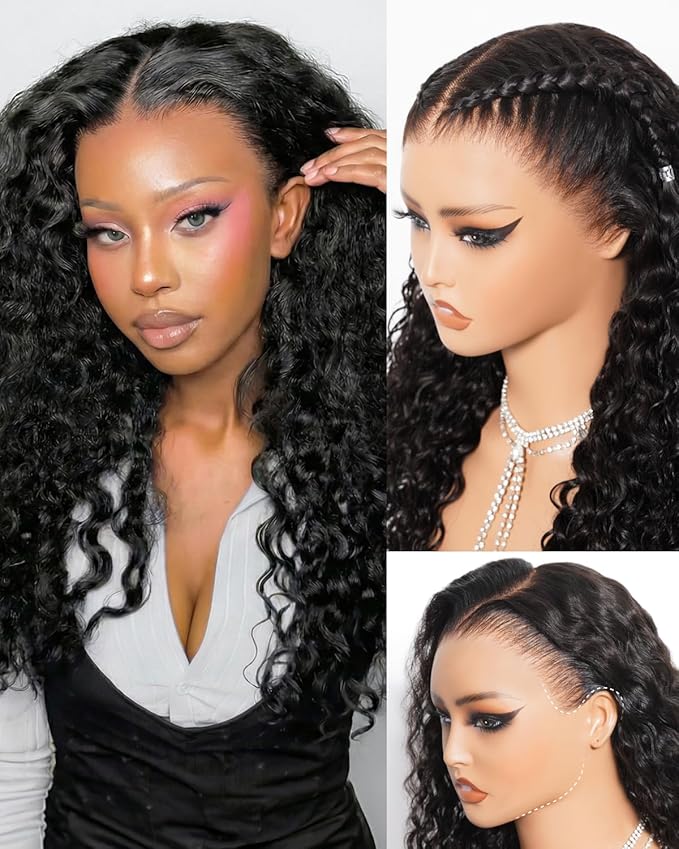 Glueless 13x6 Lace Front Wigs Human Hair Pre Plucked Pre Cut 220% Density Water Wave Curly Human Hair Wig with Drawstring HD Ear-to-Ear Frontal Deep Wave Wig 24 Inch