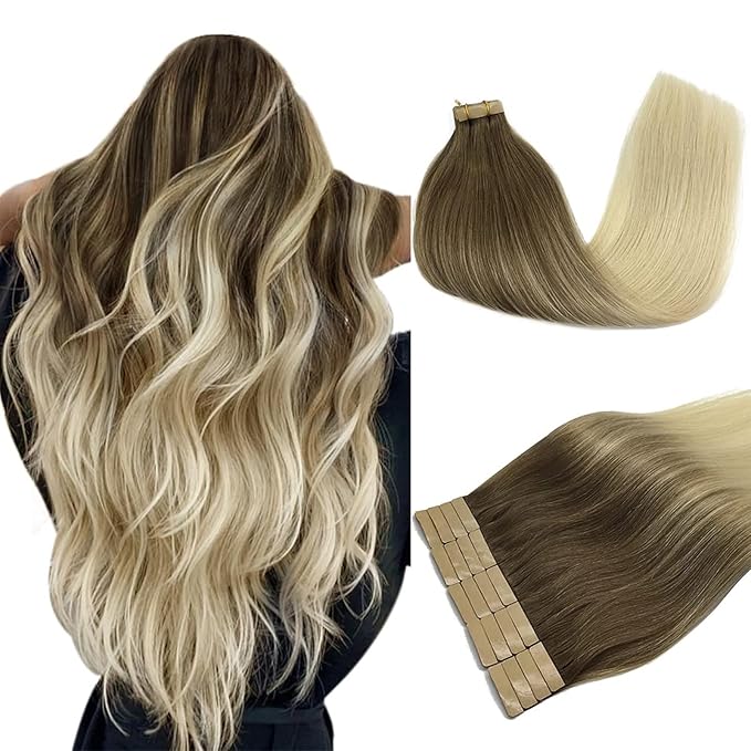 DOORES Tape in Human Hair Extensions, Ombre Ash Brown to Platinum Blonde 26 Inch 20pcs 60g, Hair Extensions Tape in Natural Hair Extensions Straight Hair Skin Weft