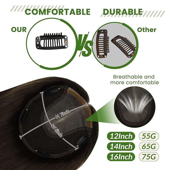 HAIR Toppers for Women Real Human Hair 6x7 inch 150 Density Base 14 inch 65 grams darkest brown Human Hair Topper for Women with Thinning Hair(#2 14inch)