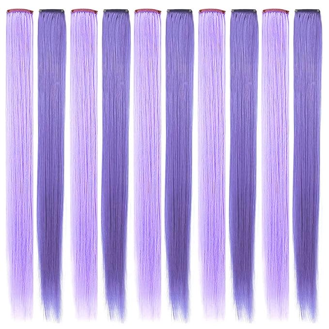 10PCS 20 Inch Lavender Light Purple Hair Extensions for Girls Wig Pieces Clip in Coloured Hair Extensions for Women Colorful Hairpieces Party Highlights Synthetic Multiple Colors