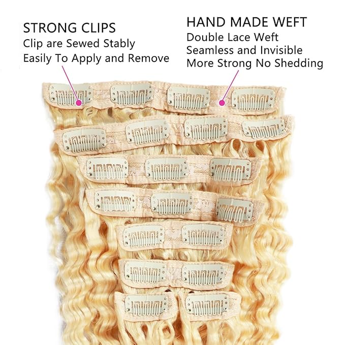Blonde Clip in Extensions 8Pcs 110g Clip in Hair Extensions Real Human Hair Deep Wave 613 Blonde Clip ins Brazilian Remy Human Hair Extensions for Women Double Weft 16 Inch