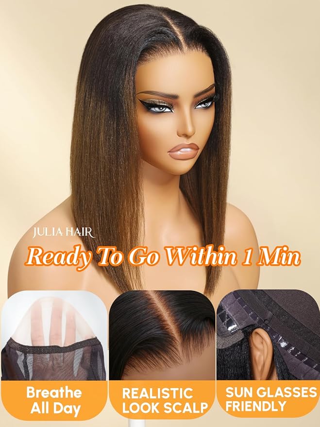 Julia Hair 14 Inch Light Yaki Bob Wigs Human Hair Glueless Bye Bye Knots 7x5 HD Pre Cut Lace Wig Chestnut Brown Ombre Human Hair Lace Closure Pre Plucked Bleached Invisible Knots Natural Hairline