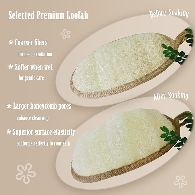 Natural Loofah Body Scrubber for Sensitive & All Skin Types, Made with Egyptian Organic Luffa, Biodegradable Gentle Exfoliating Bath Loofah for Women & Men, Large Size Shower Loofah 2 Pack
