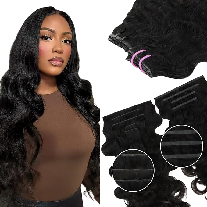Lashey Invisi Edge & Seamless Clip in Hair Extensions Human Hair, 16 Inch 130g 9pcs(5pcs Invisi Edge& 4pcs Seamless) Real Virgin Human Hair Extensions, Natural Black Body Wave Hair
