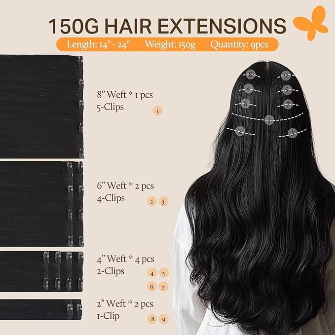 DOORES Clip in Remy Hair Extensions, Jet Black 150g 9pcs 24 Inch, Real Hair Extensions Clip in Human Hair Extensions for Women Clip in Natural Hair Extensions Thick Silky Straight Hair Extensions