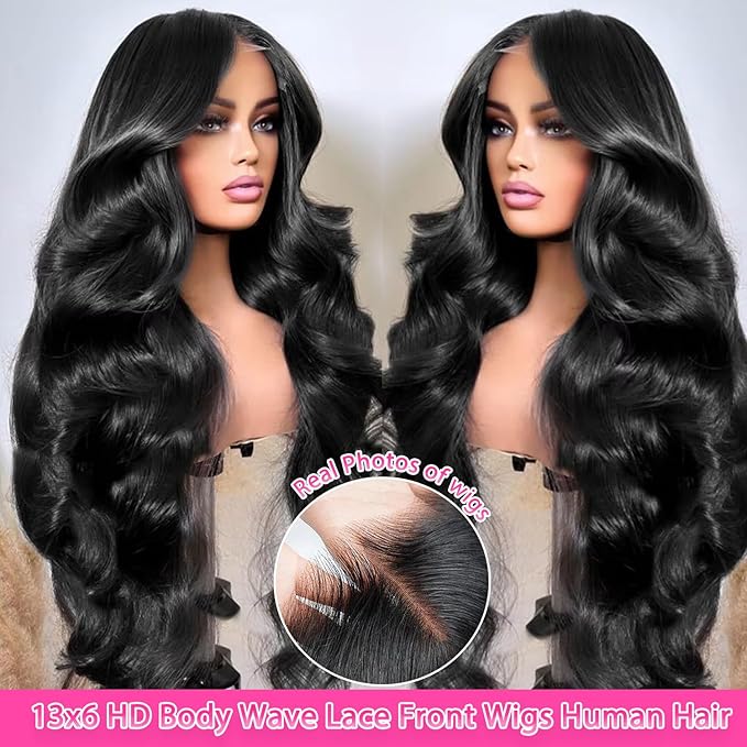 24 Inch Body Wave Lace Front Wigs Human Hair 200 Density 13x6 HD Lace Frontal Wigs Pre Plucked with Baby Hair Natural Color Glueless Wigs for Women