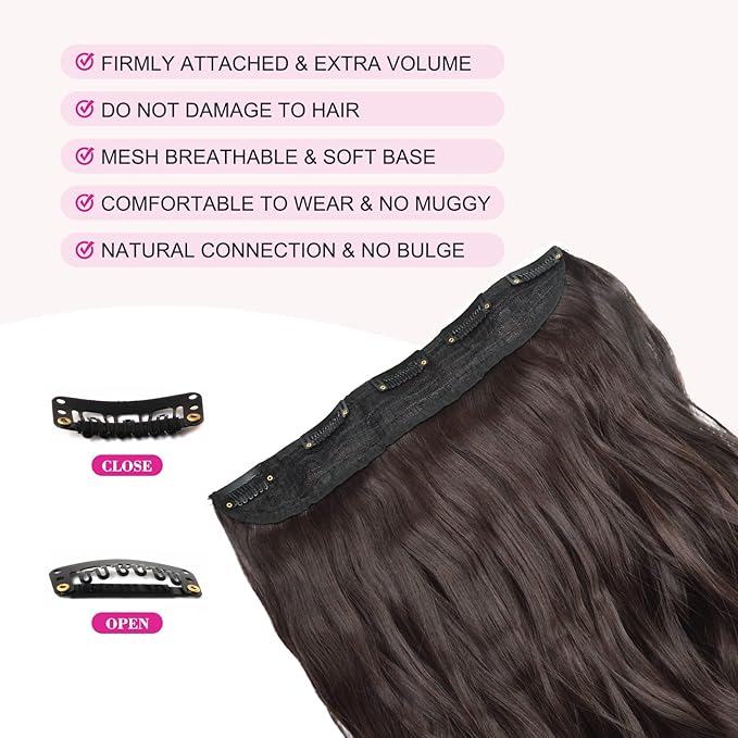 REECHO 18" 1-Pack 3/4 Full Head Curly Wavy Clips in on Synthetic Hair Extensions HE008 Hairpieces for Women 5 Clips 4.0 Oz per Piece - Dark Brown
