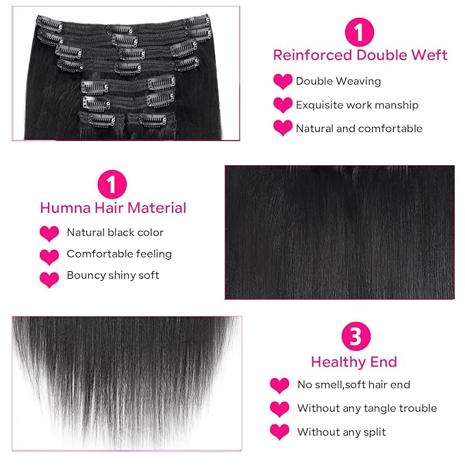 Yaki Straight Clip in Hair Extensions Real Human Hair 8Pcs Brazilian Human hair Clip ins for Black Women, Natural Soft Human Hair 120g 16inch #1B Natural Black